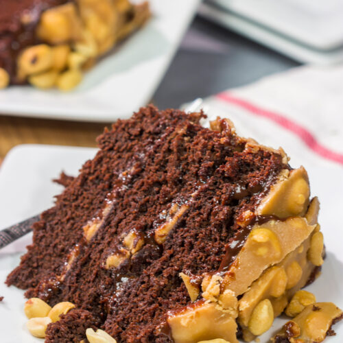 This Caramel Chocolate Cake features layers of decadent cake, chocolate ganache and salted caramel. It's like a giant molten chocolate cake...but better!