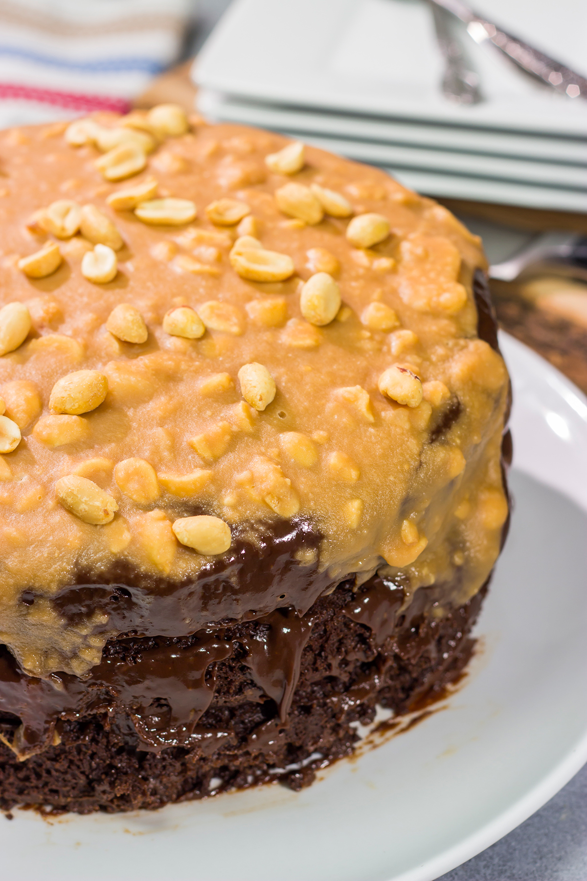This Caramel Chocolate Cake features layers of decadent cake, chocolate ganache and salted caramel. It's like a giant molten chocolate cake...but better!