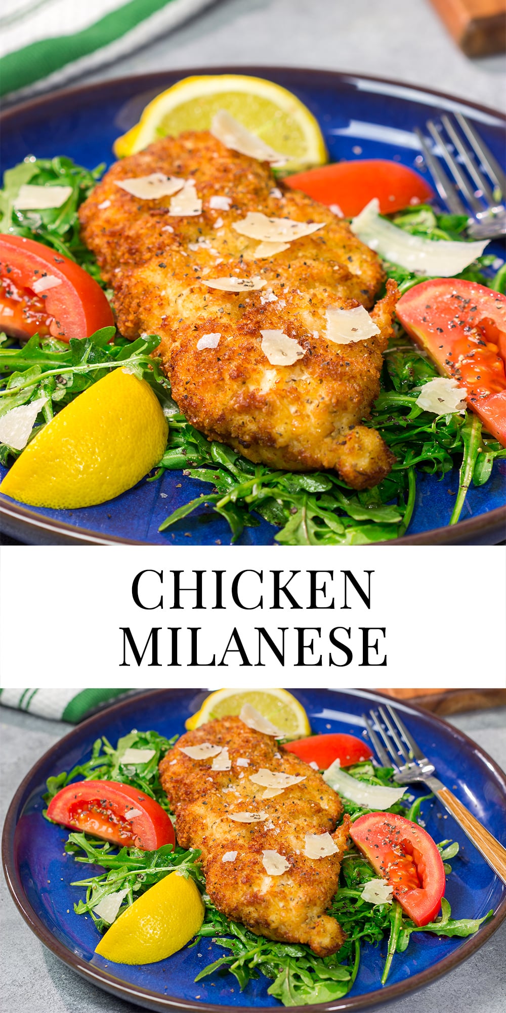 Chicken Milanese features crispy pan-fried chicken cutlets served over a lemony arugula salad. It's surprisingly easy and packed with flavor!