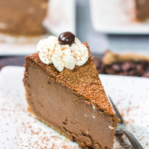 This Chocolate Espresso Cheesecake features the classic combination of chocolate and coffee in a creamy and delicious dessert! Grab a slice for dessert tonight.