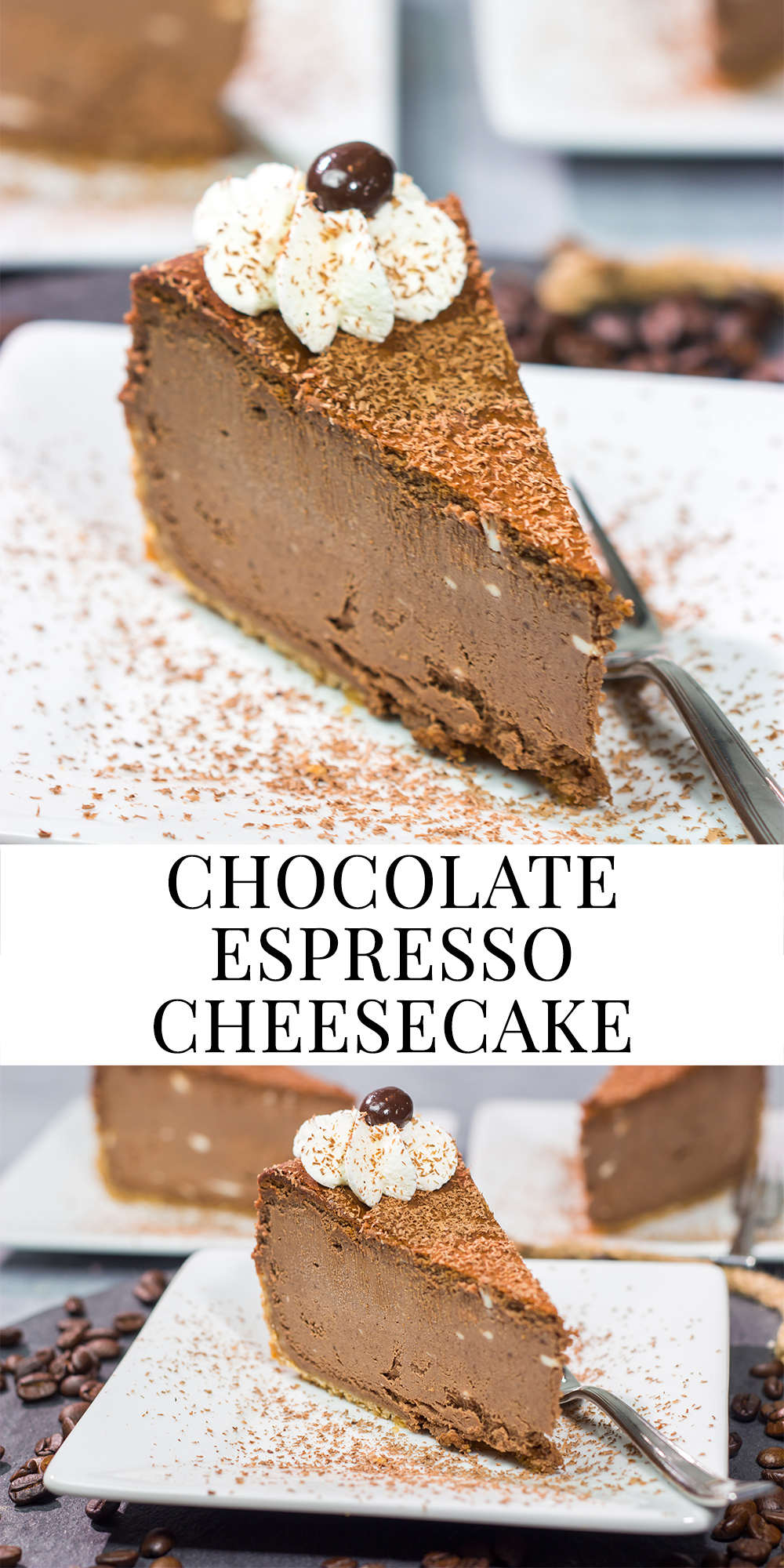 This Chocolate Espresso Cheesecake features the classic combination of chocolate and coffee in a creamy and delicious dessert! Grab a slice for dessert tonight.