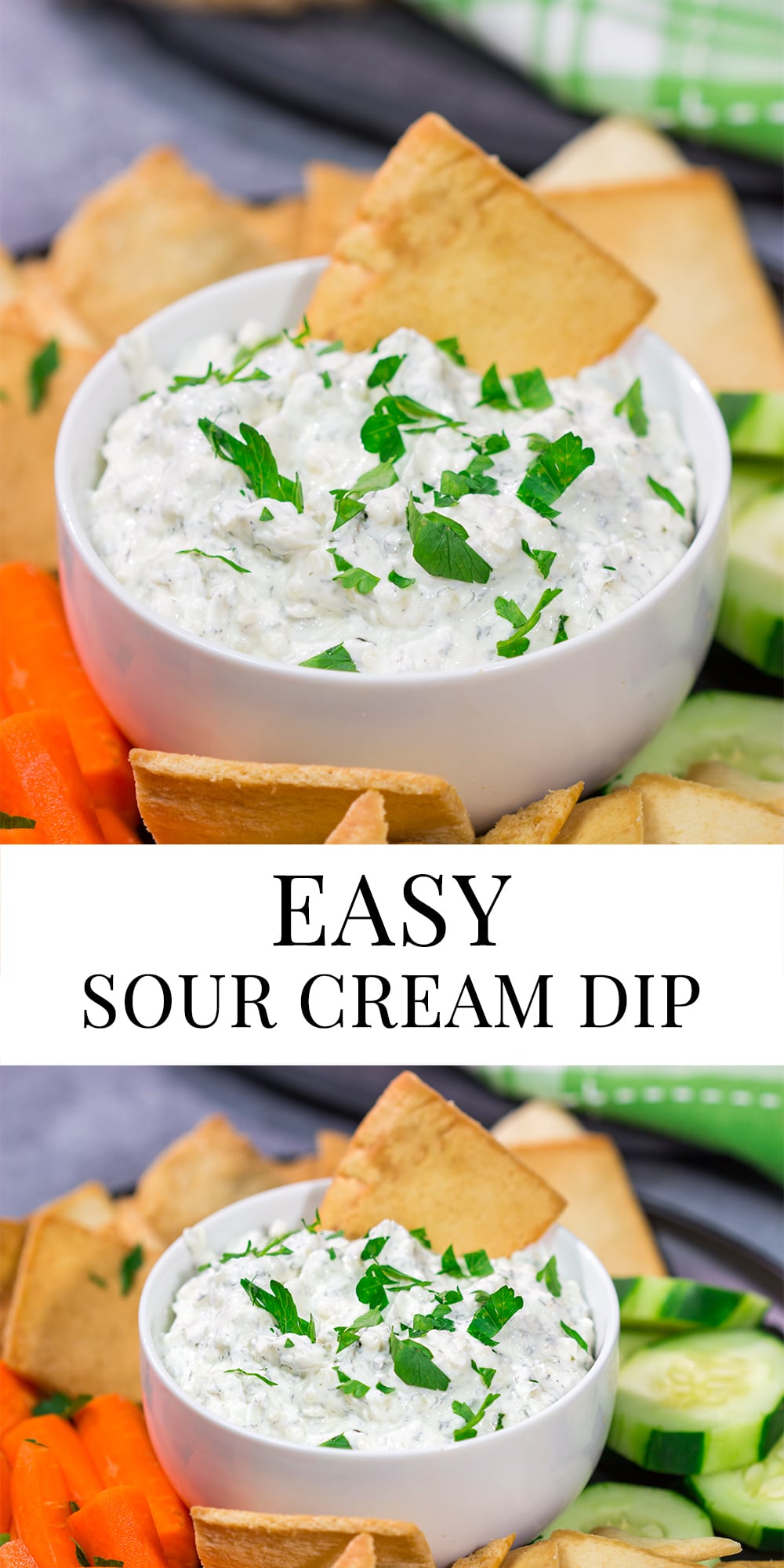 Looking for an easy dip recipe? This Easy Sour Cream Dip recipe is a winner! Serve with a mix of chips and/or veggies for a crowd-pleasing appetizer!