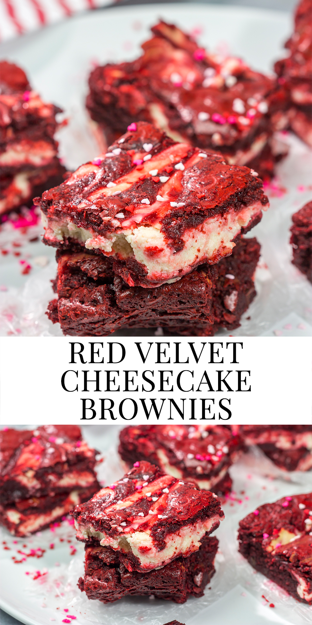 These Red Velvet Cheesecake Brownies feature tasty brownies swirled with a layer of cheesecake. They're a great dessert for Valentine's Day or Christmas!