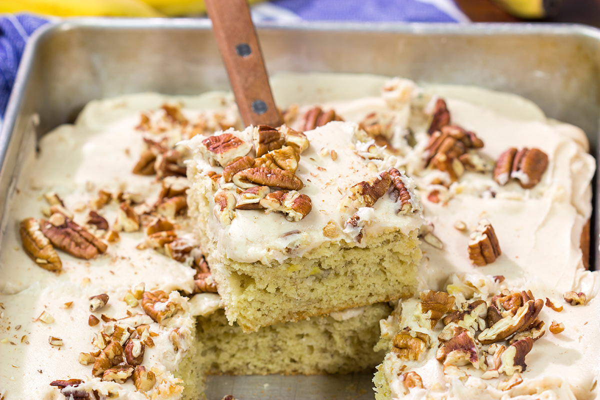 These Frosted Banana Bars feature a tender, delicious banana cake topped with brown sugar cream cheese frosting. They're delicious!