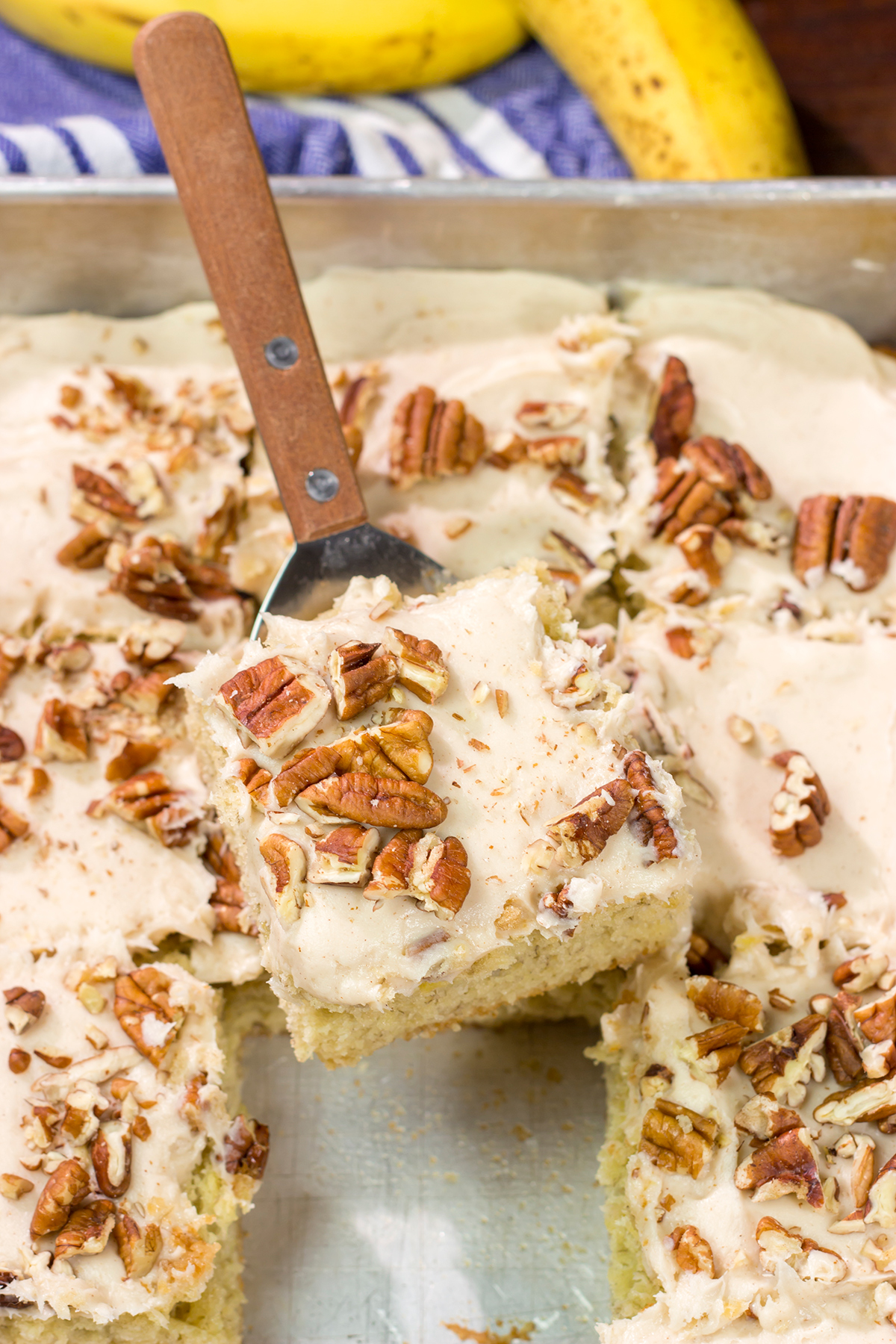 These Frosted Banana Bars feature a tender, delicious banana cake topped with brown sugar cream cheese frosting. They're delicious!
