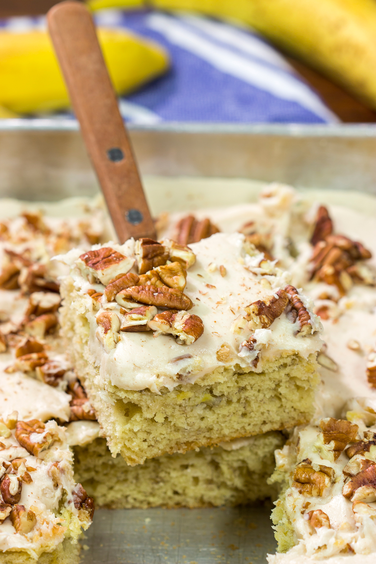 These Frosted Banana Bars feature a tender, delicious banana cake topped with brown sugar cream cheese frosting. They're delicious!