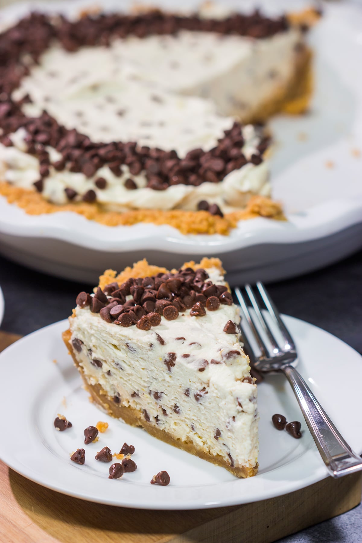 This Chocolate Chip Cannoli Pie features a creamy and delicious filling that will have everyone asking for the recipe!