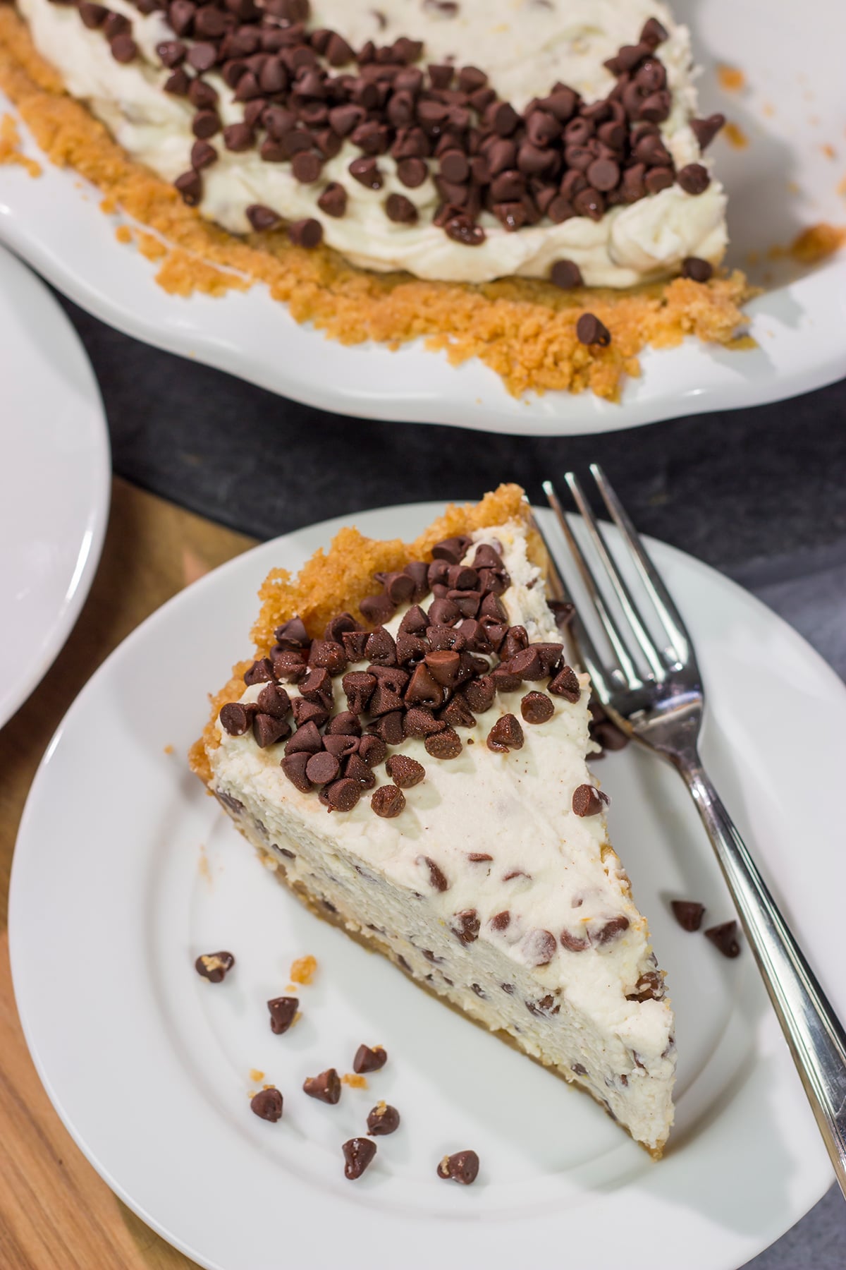 This Chocolate Chip Cannoli Pie features a creamy and delicious filling that will have everyone asking for the recipe!