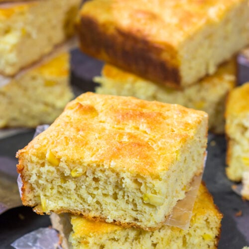 This Cornbread with Creamed Corn recipe is a mouthwatering recipe that can be whipped up in about 10 minutes. It's a delicious year-round side dish!