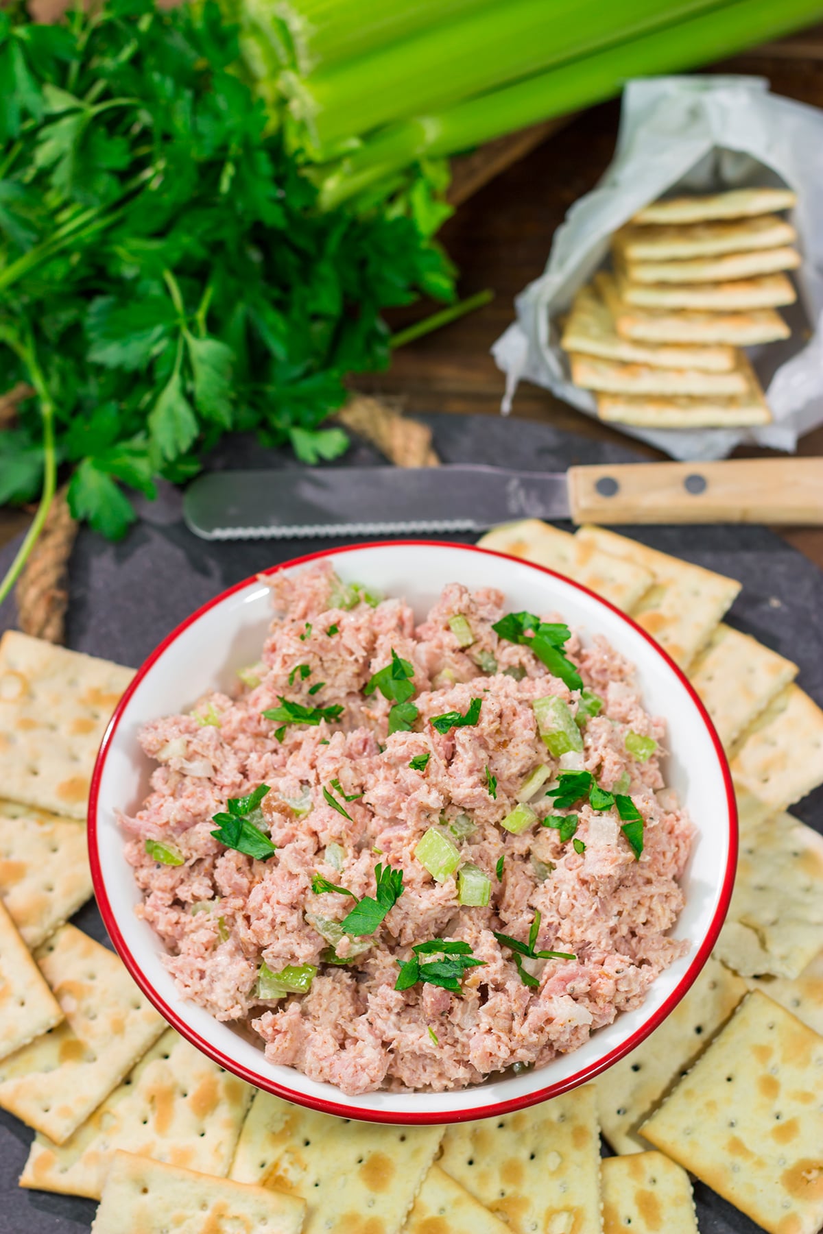 This easy Deviled Ham recipe is a tasty spread that tastes great on saltine crackers or in between 2 slices of white bread. It's a great way to use up leftover ham!