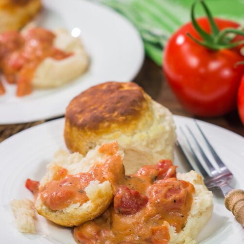 Tomato Gravy is a delicious way to celebrate tomato season! Serve with buttermilk biscuits, grits or meatloaf for a tasty meal.