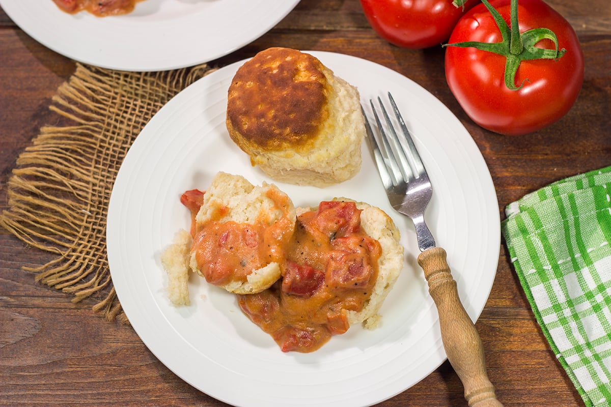 Tomato Gravy is a delicious way to celebrate tomato season! Serve with buttermilk biscuits, grits or meatloaf for a tasty meal.