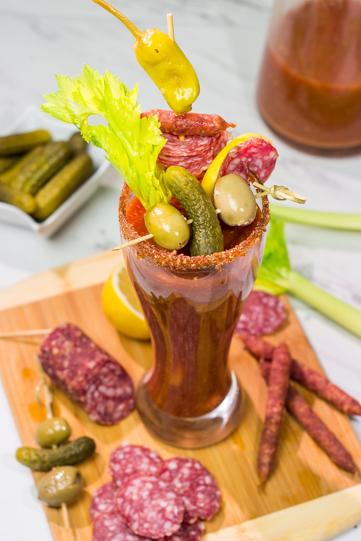 Grab some salami and whip up a batch of these Classic Bloody Marys - they're perfect for weekend brunch!