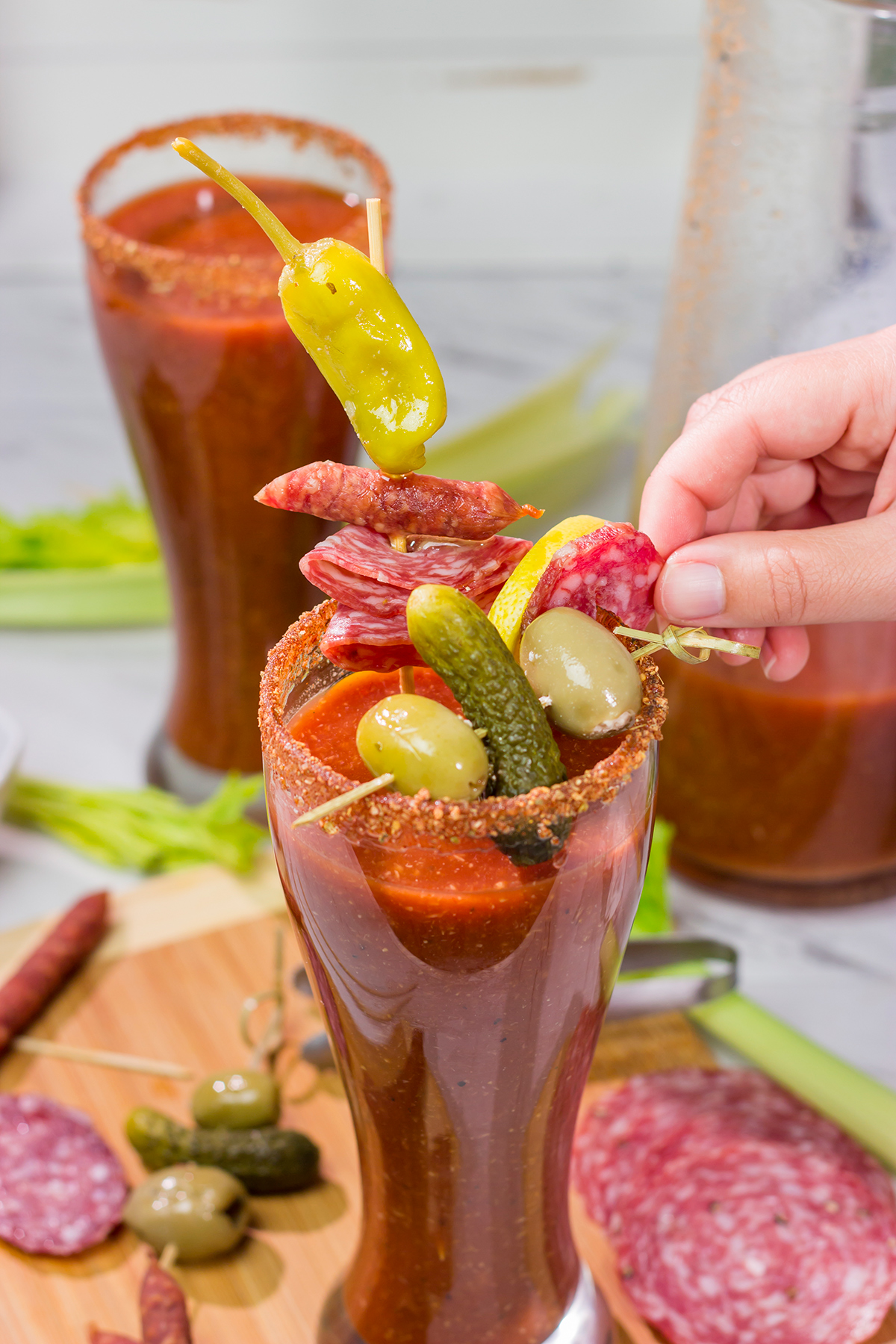 Grab some salami and whip up a batch of these Classic Bloody Marys - they're perfect for weekend brunch!