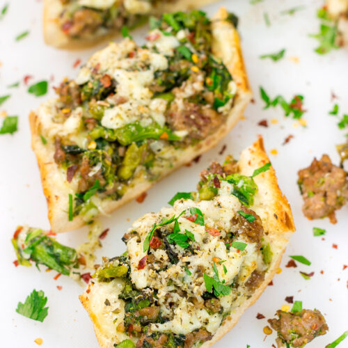 This Sausage and Broccoli Rabe Cheesy Bread a fun and delicious twist on the classic Italian pasta dish. Put it on the menu soon!