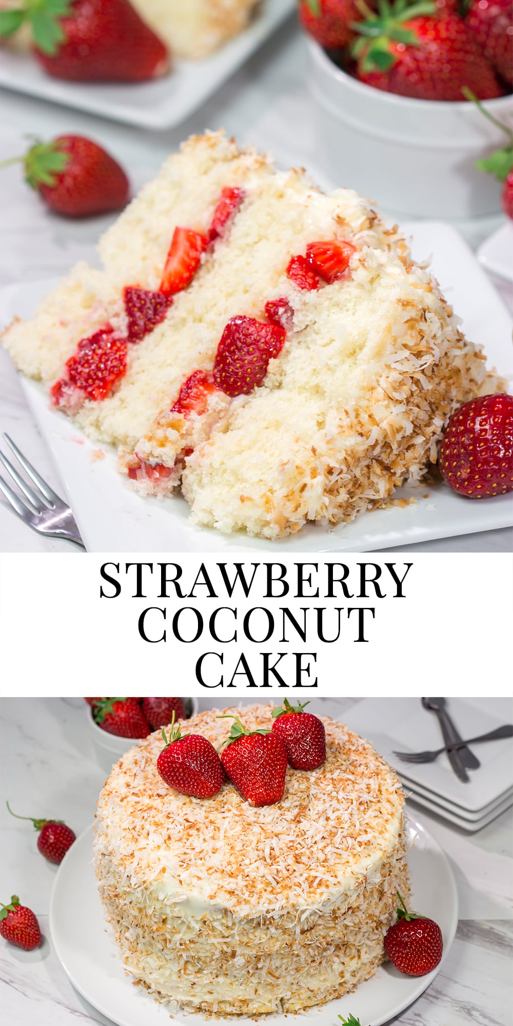 This Coconut Strawberry Cake features 3 layers of soft white cake topped with cream cheese frosting and toasted coconut. It's perfect for summer!