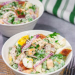 Packed with bacon and cheese, this Easy Pea Salad is a colorful and delicious side dish for summer meals and potlucks!