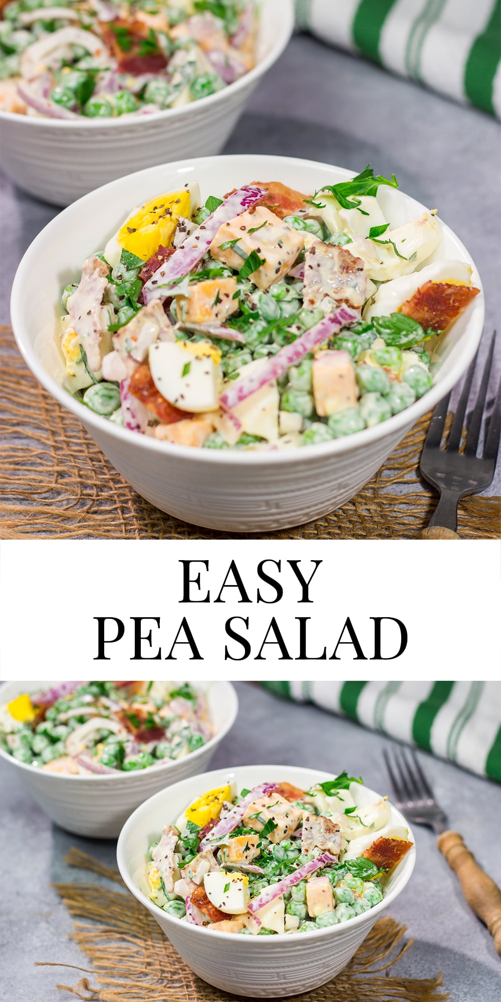 Packed with bacon and cheese, this Easy Pea Salad is a colorful and delicious side dish for summer meals and potlucks!
