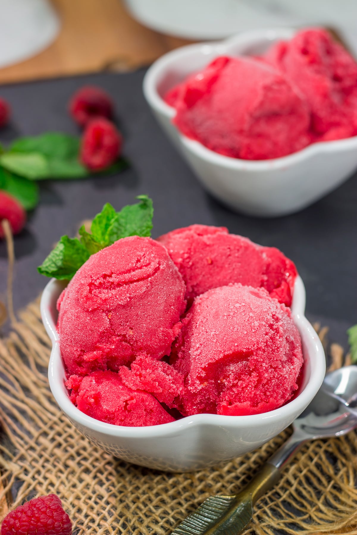 Looking for a tasty summer dessert? Whip up a batch of this Raspberry Sorbet! This dairy-free treat is perfect for warm summer evenings!