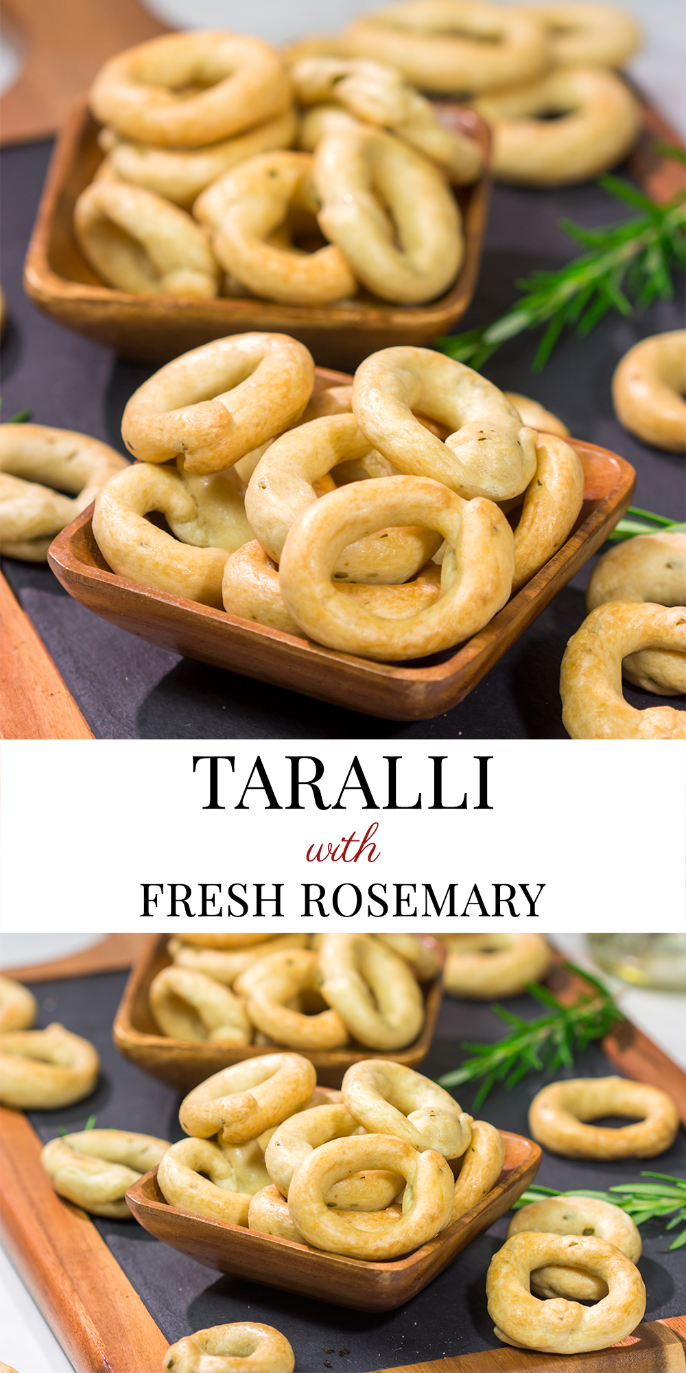 Lightly flavored with olive oil and chopped rosemary, Taralli are the perfect snack to serve alongside a good glass of wine!