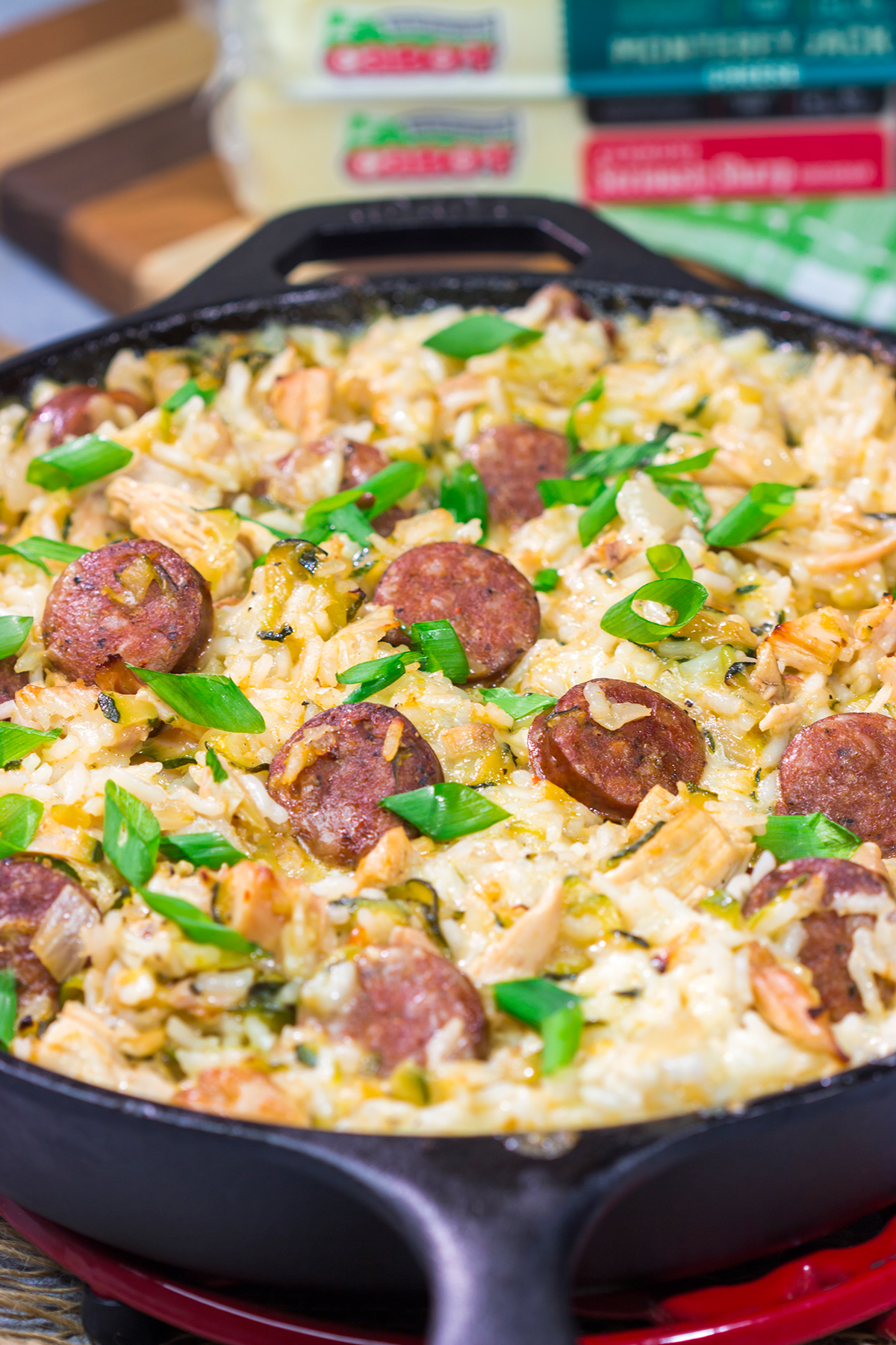 Looking for a tasty one one pot meal? Put this Zucchini and Cheesy Rice Skillet on the menu!
