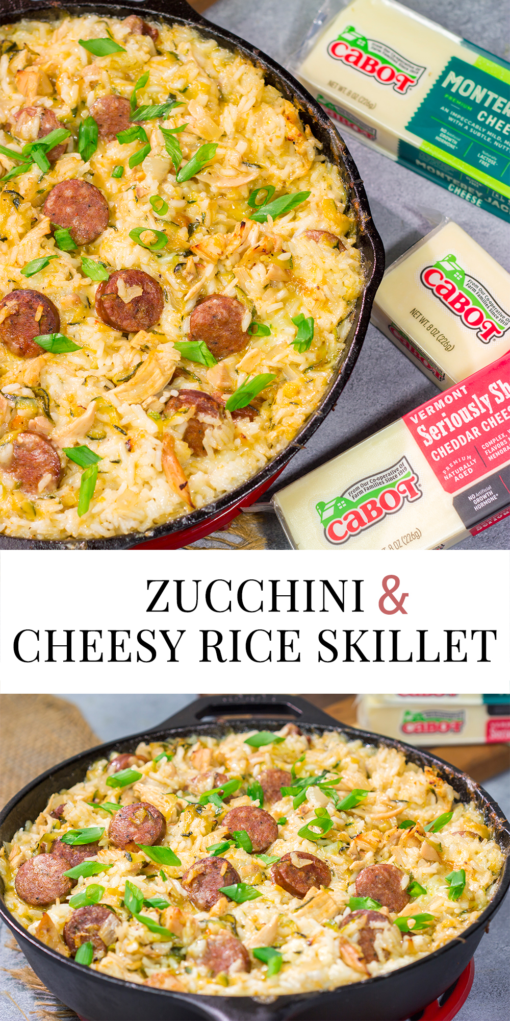 Looking for a tasty one one pot meal? Put this Zucchini and Cheesy Rice Skillet on the menu!