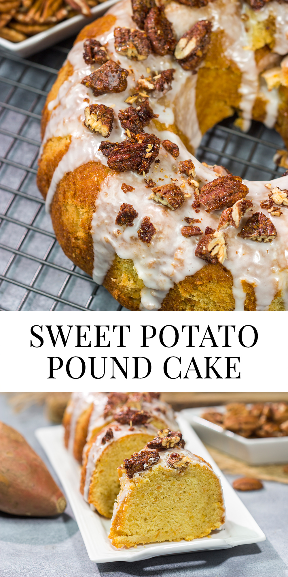 This Sweet Potato Pound Cake is a tender, buttery cake recipe that calls for cinnamon and mashed sweet potatoes. Topped with cinnamon pecans, this cake is the perfect fall dessert!