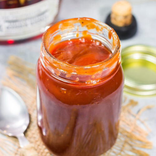 This smoky Bourbon BBQ Sauce is a tasty combination of sweet and spicy. Refrigerate it for a day or two before brushing on ribs, brisket or grilled chicken!
