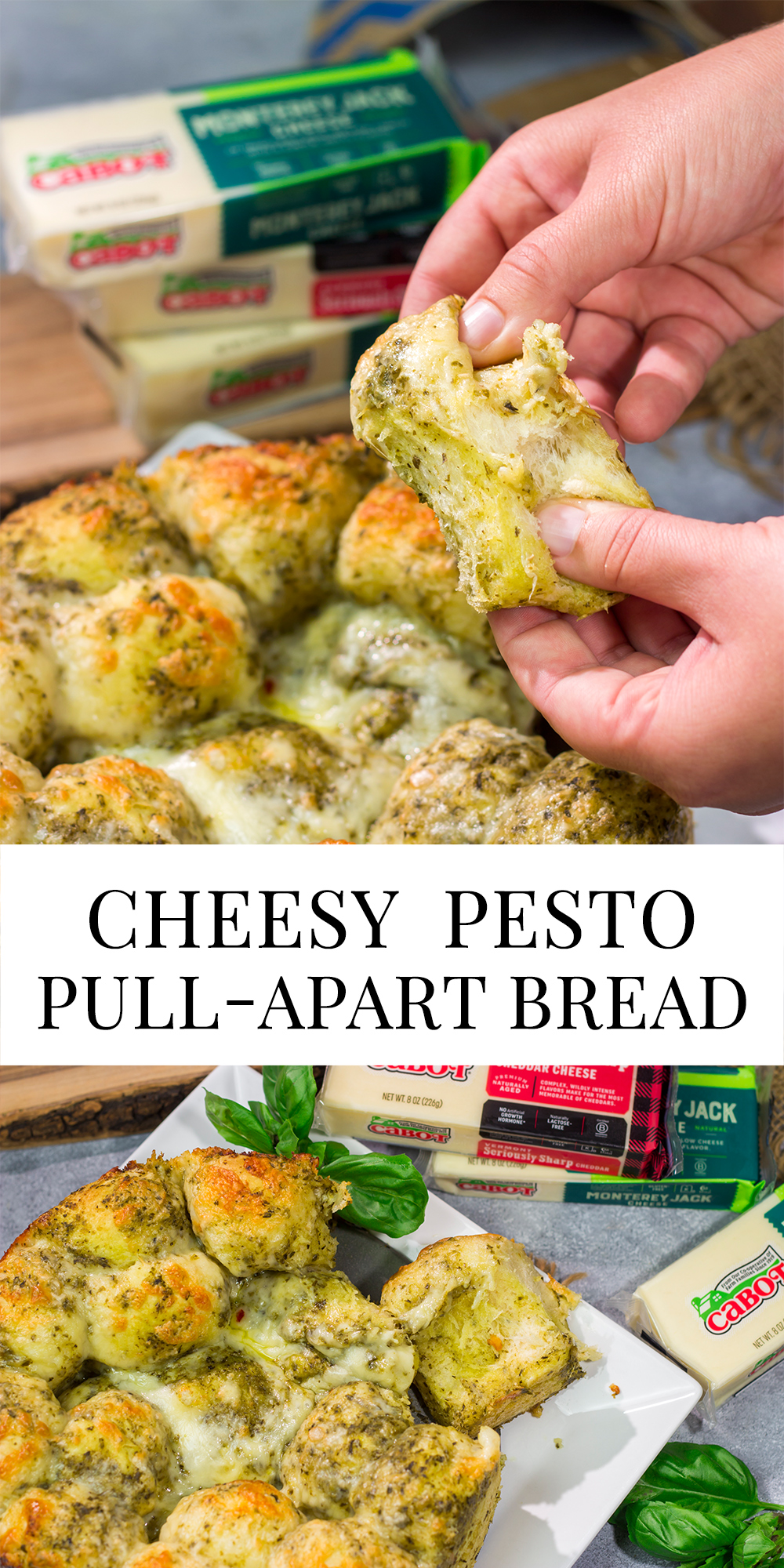This Cheesy Pesto Pull Apart Bread features freshly baked bread layered with two types of cheese and basil pesto. It's perfect for tailgating or game nights with friends!
