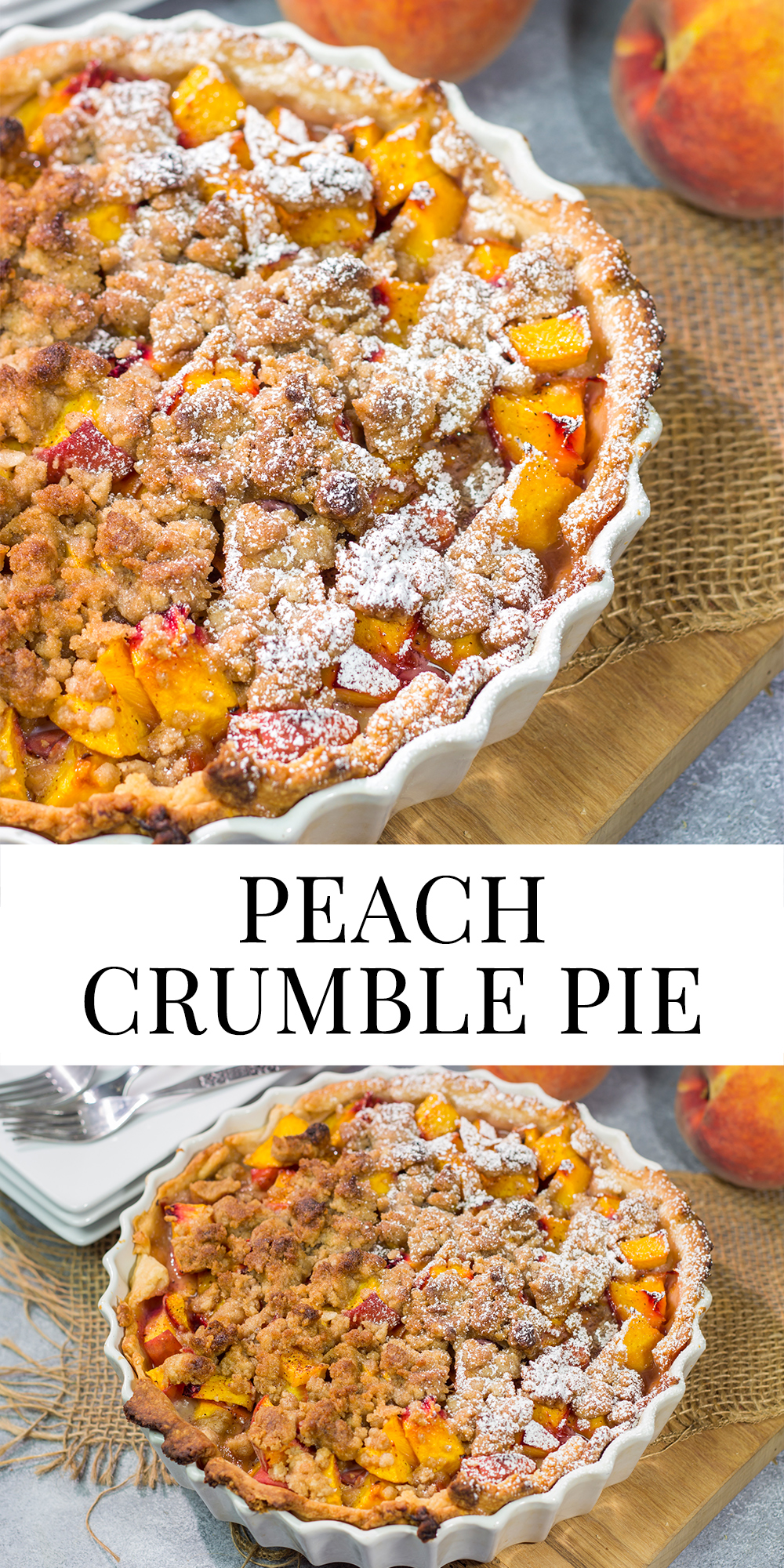 This Peach Crumble Pie features ripe peaches combined with brown sugar and nutmeg. The filling goes on top of a flaky, buttery crust and then a cinnamon sugar crumble gets sprinkled on top. Add a scoop of vanilla ice cream for the perfect summer dessert!