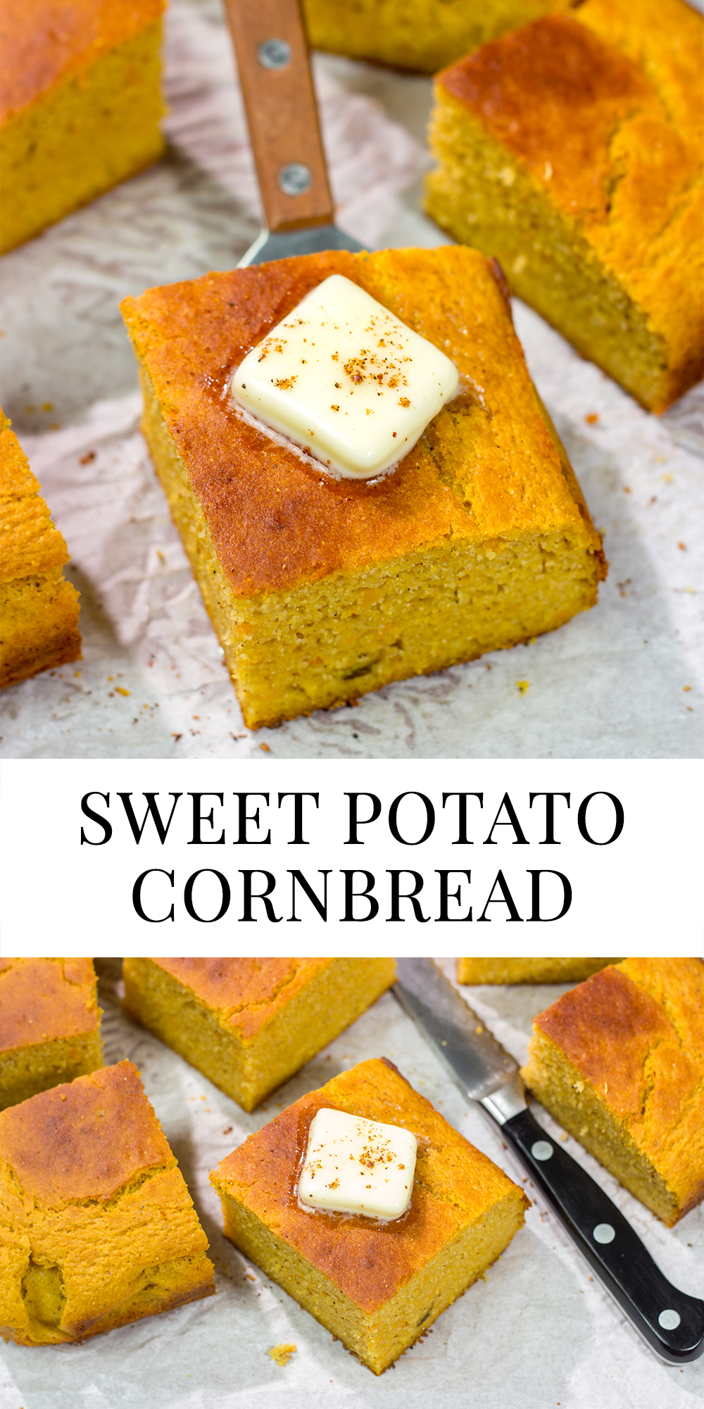This Sweet Potato Cornbread is the perfect side dish for fall meals. It's a delicious combination of sweet and savory, and it goes well next to barbecue or a hearty bowl of chili!