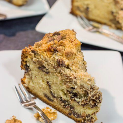This Chocolate Chip Coffee Cake is soft and tender, and it's topped with an amazing brown sugar + cinnamon streusel. Oh, and it's packed with chocolate chips, too!