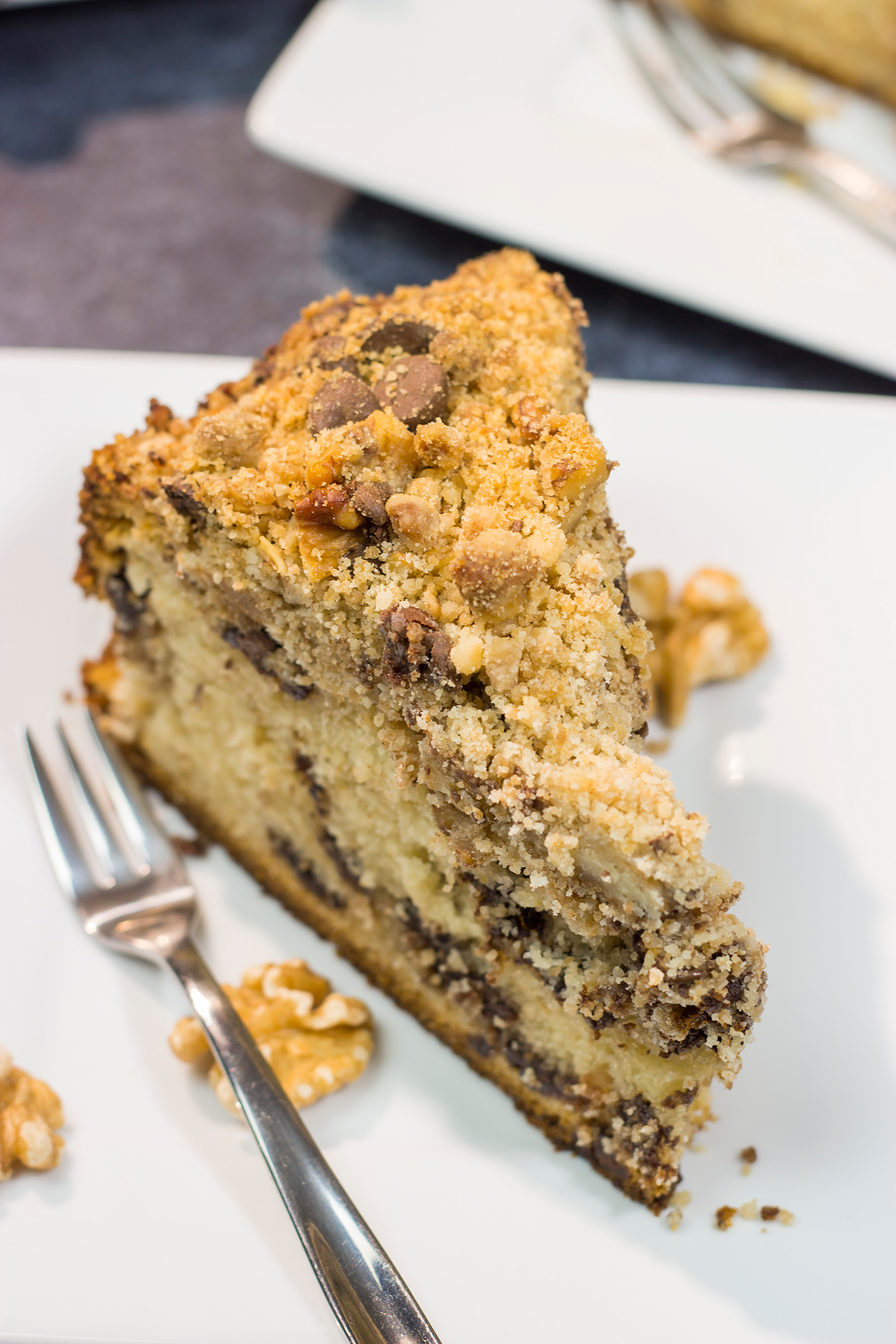 This Chocolate Chip Coffee Cake is soft and tender, and it's topped with an amazing brown sugar + cinnamon streusel. Oh, and it's packed with chocolate chips, too!