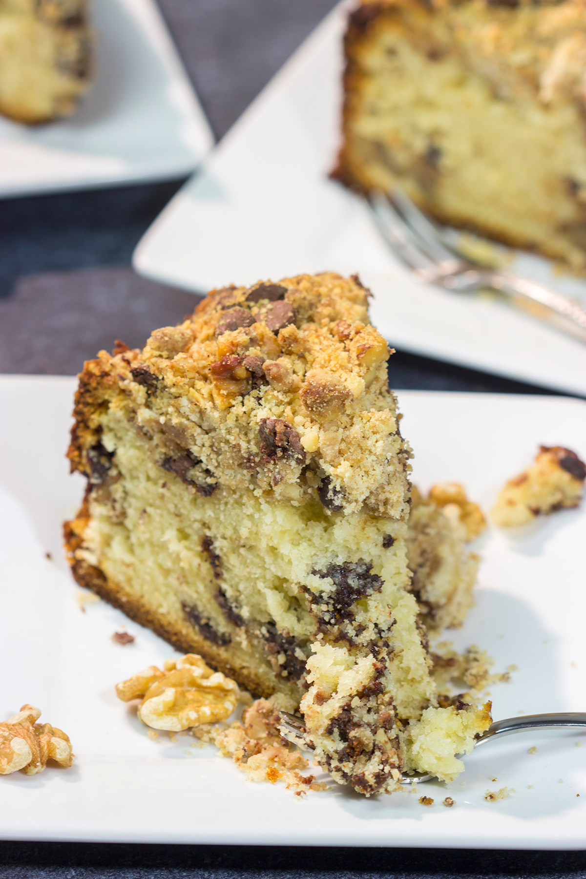 This Chocolate Chip Coffee Cake is soft and tender, and it's topped with an amazing brown sugar + cinnamon streusel. Oh, and it's packed with chocolate chips, too!