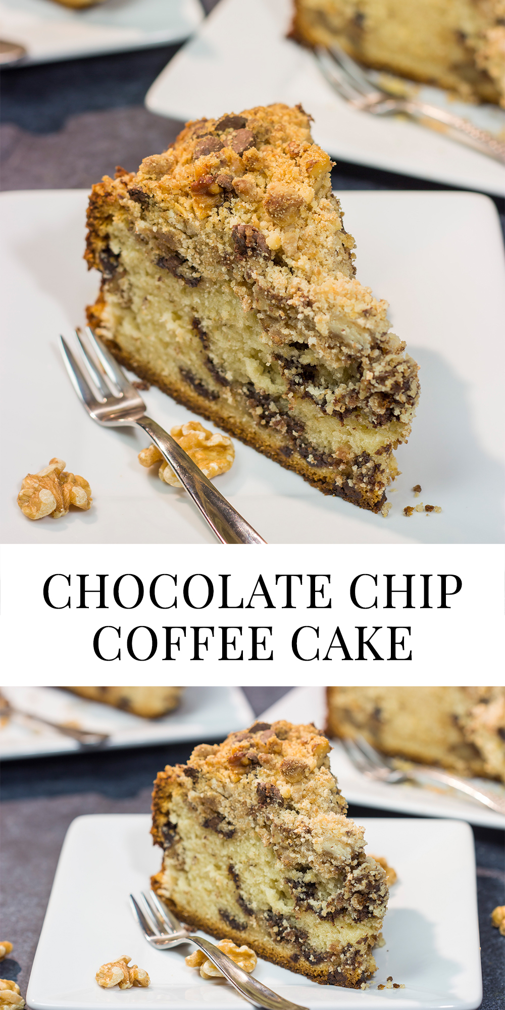 This Chocolate Chip Coffee Cake is soft and tender, and it's topped with an amazing brown sugar + cinnamon streusel. Oh, and it's packed with chocolate chips, too!