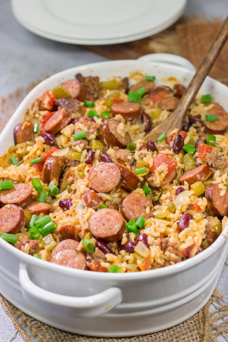 This Red Beans and Rice Casserole is an easy and delicious meal! The rice gets baked in the oven which makes this a great weeknight recipe. Enjoy!