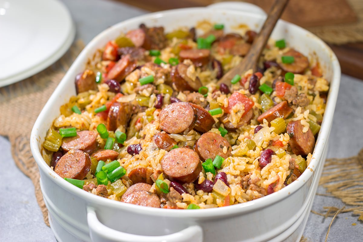 This Red Beans and Rice Casserole is an easy and delicious meal! The rice gets baked in the oven which makes this a great weeknight recipe. Enjoy!