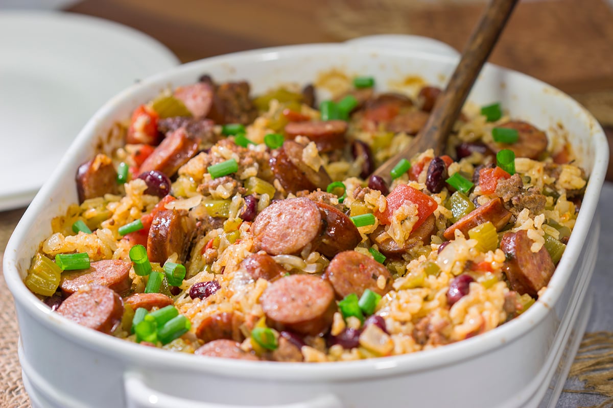 This Red Beans and Rice Casserole is an easy and delicious meal! The rice gets baked in the oven which makes this a great weeknight recipe. Enjoy!