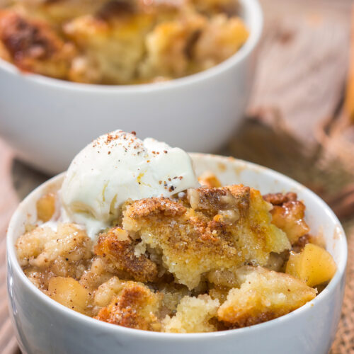 Topped with a golden brown crust and filled with spiced apples, this Cinnamon Apple Cobbler is the perfect dessert for a chilly fall evening!