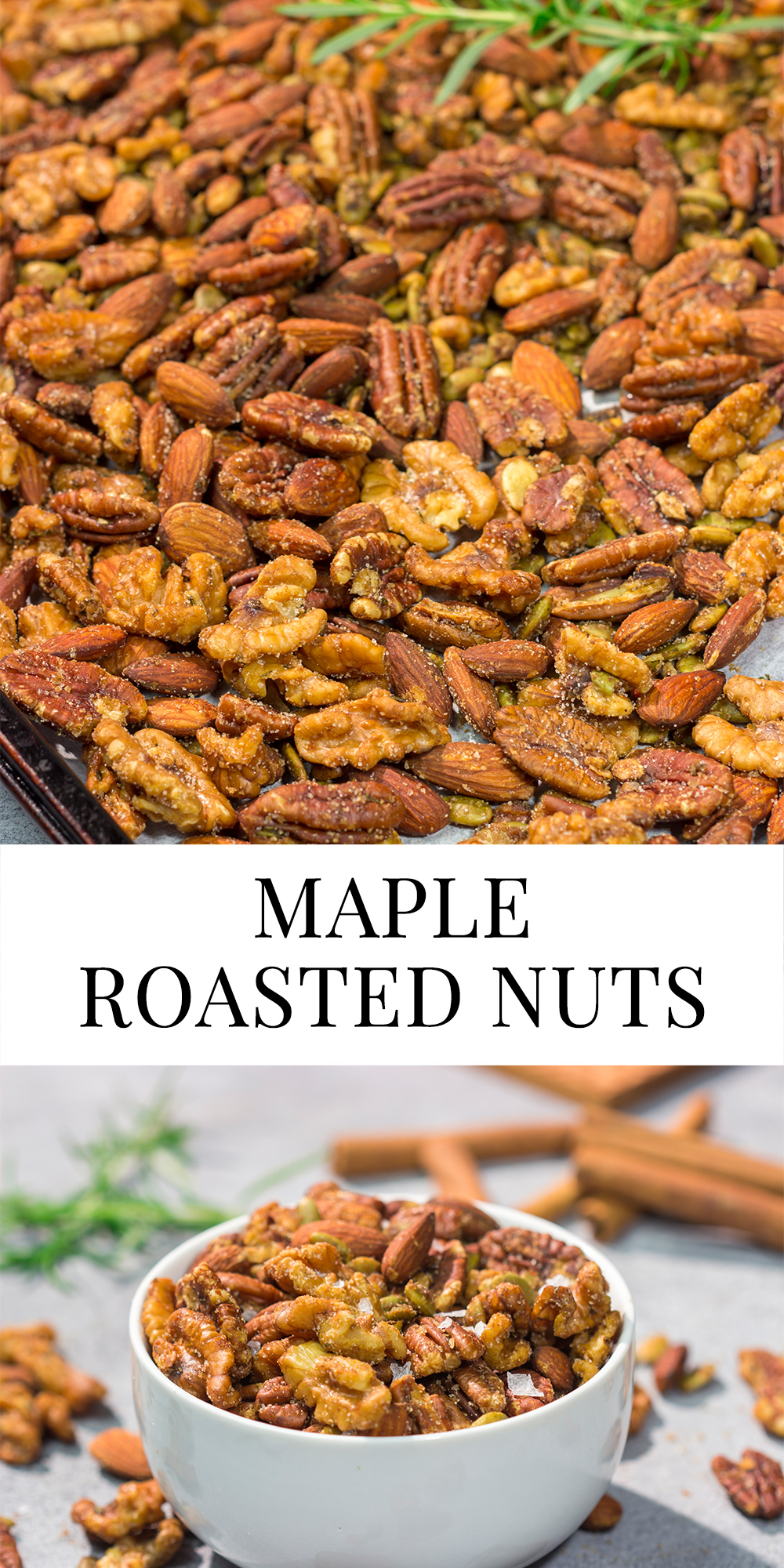 These Maple Roasted Nuts are great for snacking or as an addition to holiday appetizer parties. The sweet and salty combination makes these nuts absolutely delicious!