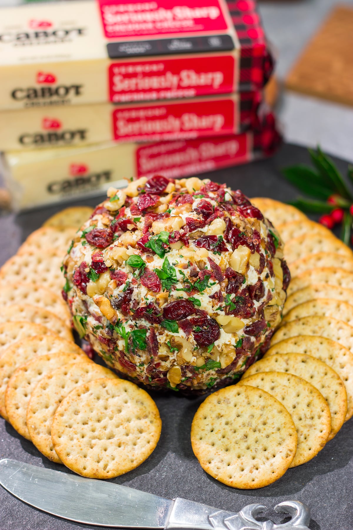 This Cranberry Walnut Cheese Ball is an easy and festive holiday appetizer. That leaves you more time to get back to being the holiday cheermeister!