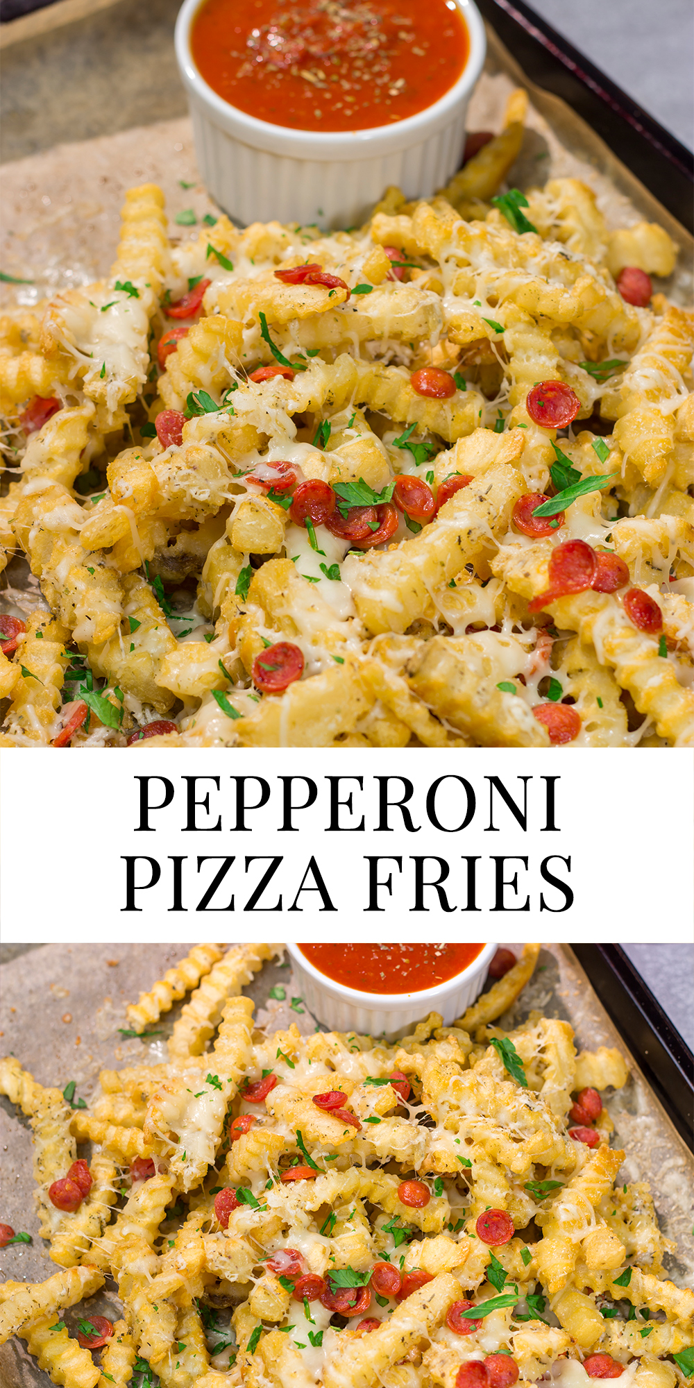 Take game day snacks to a new level! These easy Pepperoni Pizza Fries are loaded with melty cheesy and pepperoni. Leftovers won't be a problem.