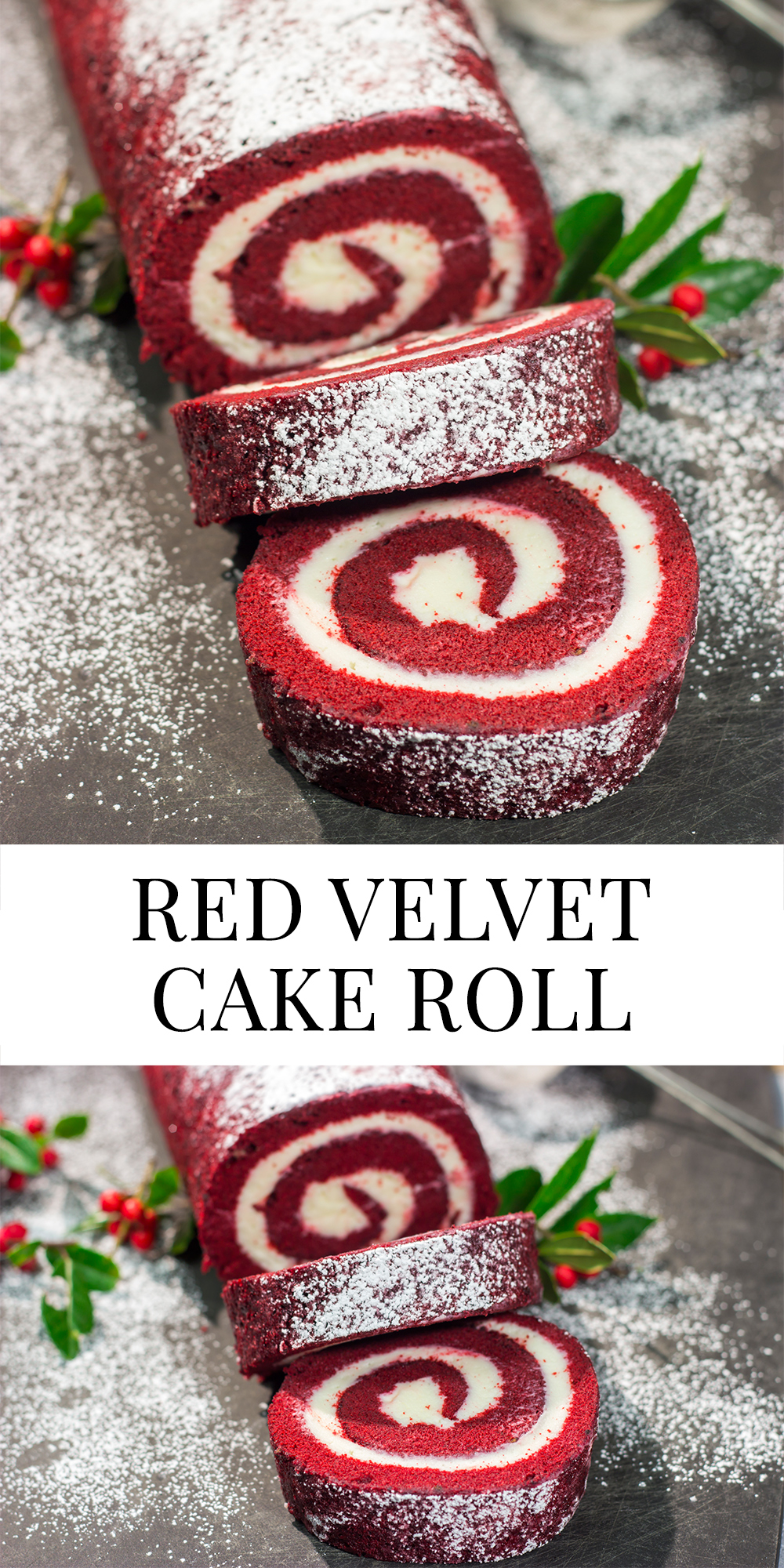 This festive Red Velvet Cake Roll is filled with a classic cream cheese frosting. The soft and chocolatey cake combined with the creamy frosting is delicious!
