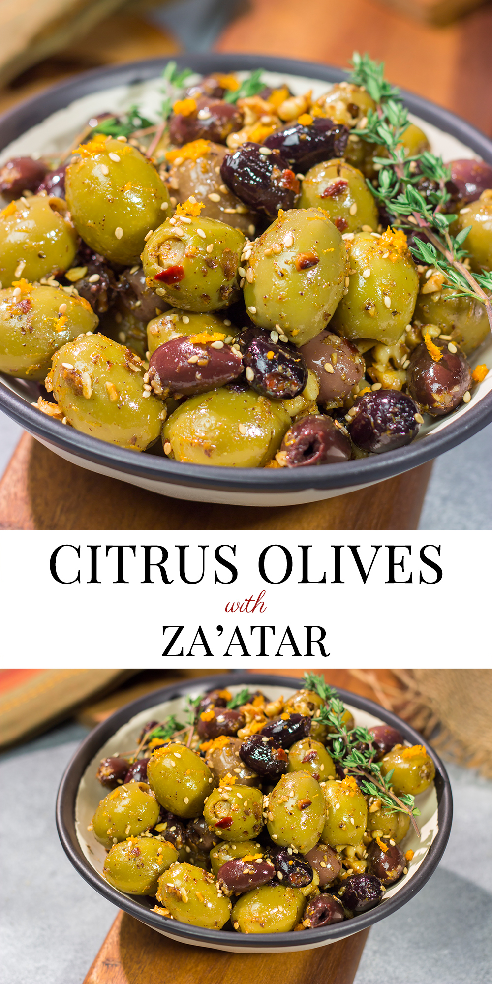 Featuring orange zest, walnuts and za'atar seasoning, these Citrus Olives with Za'atar make for a unique and delicious appetizer!