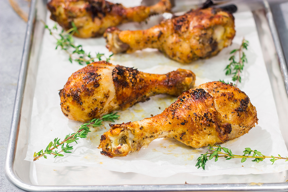 With only 10-minutes of prep time, these Crispy Baked Chicken Drumsticks make for an easy weeknight meal. They taste just like rotisserie chicken!