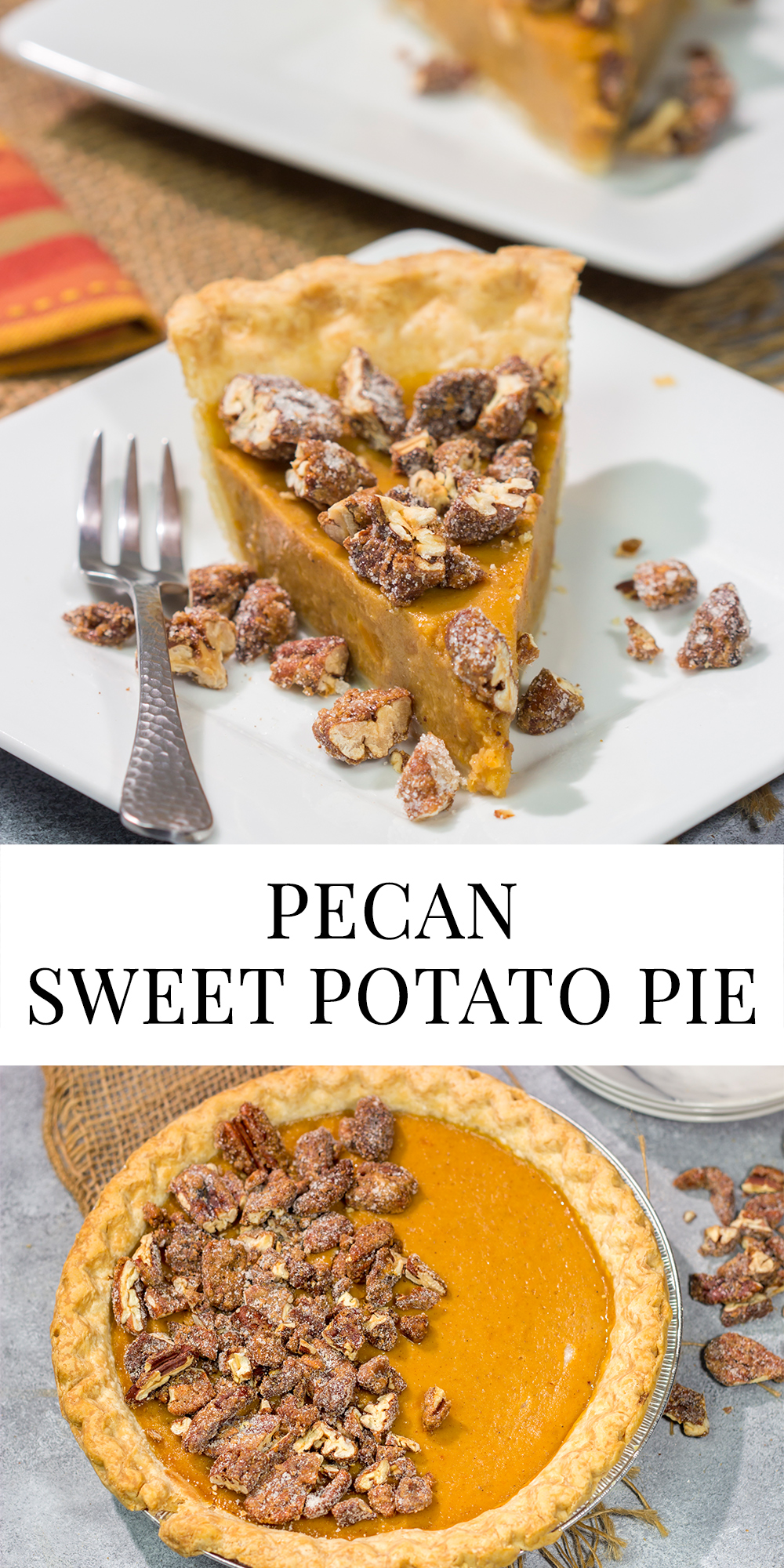 Put a twist on a classic holiday dessert! This Pecan Sweet Potato Pie features a creamy sweet potato pie topped with crunchy sugared pecans. It's delicious!