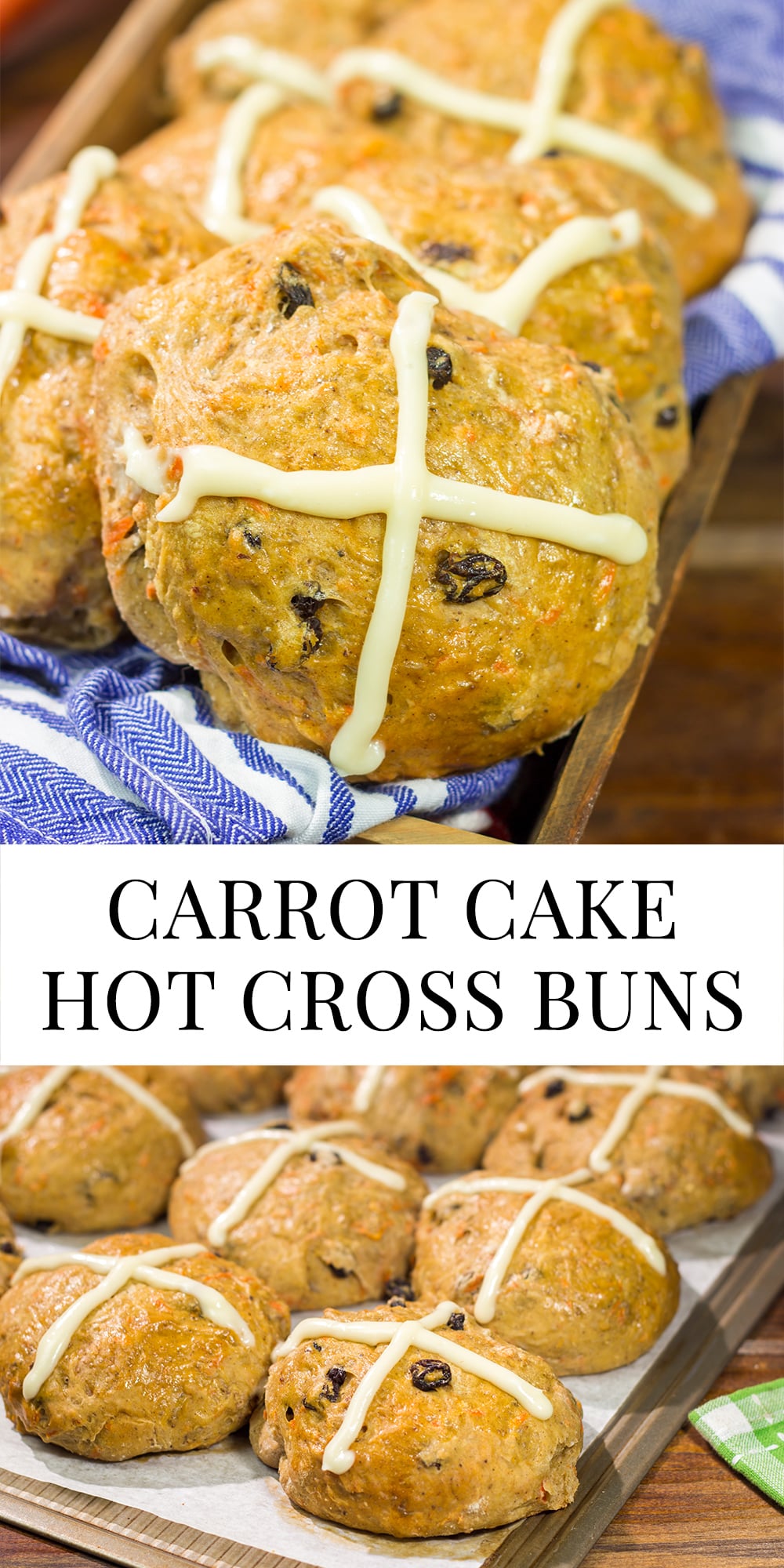 Combine two favorite Easter recipes into one with these Carrot Cake Hot Cross Buns! These spiced buns includes carrots, raisins and chopped walnuts.