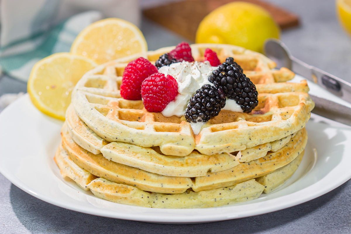 Put a bright, citrusy spin on breakfast with a batch of these Lemon Poppy Seed Waffles!