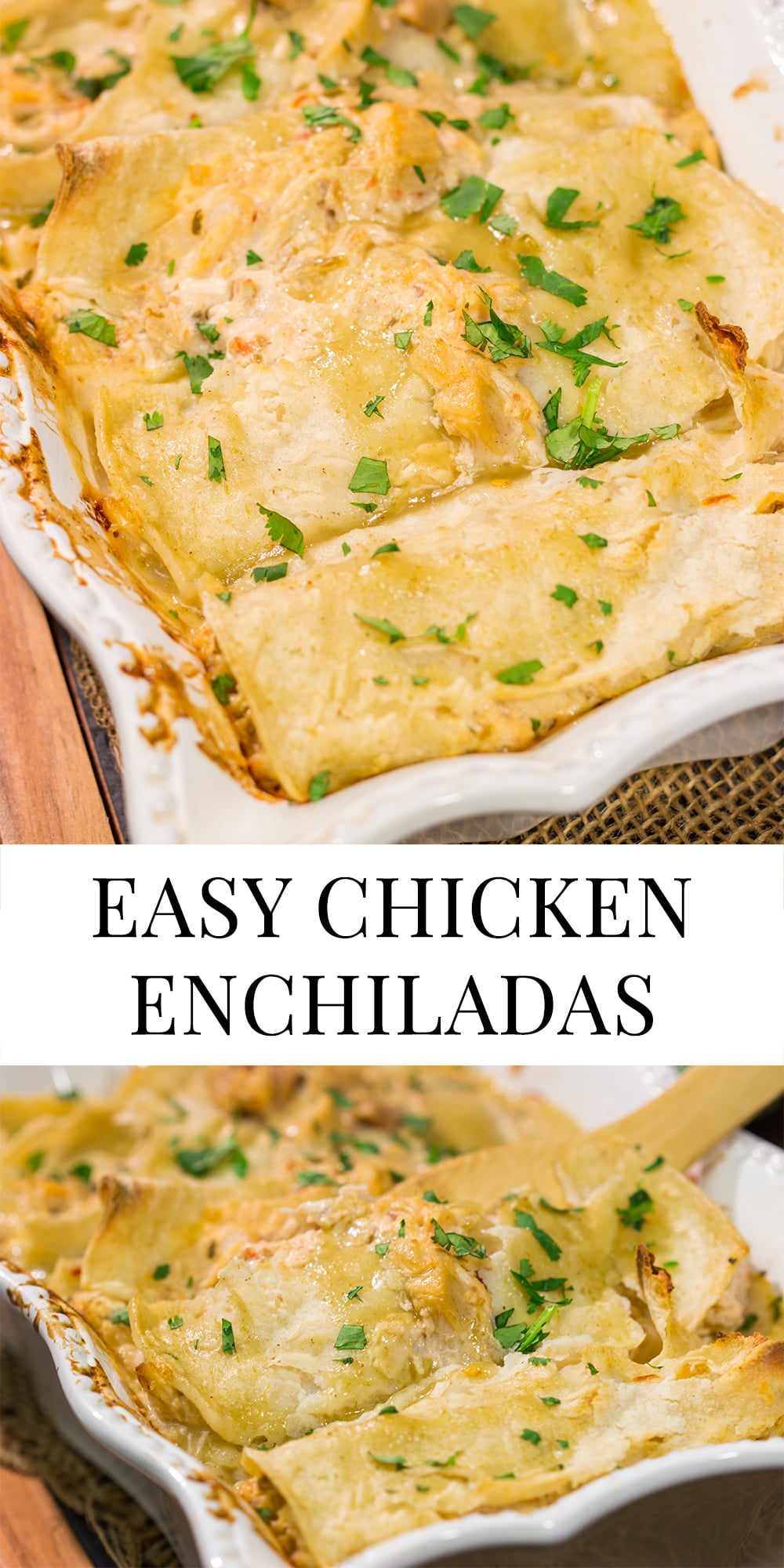 These Easy Chicken Enchiladas are baked in casserole form for a simple, delicious weeknight meal!
