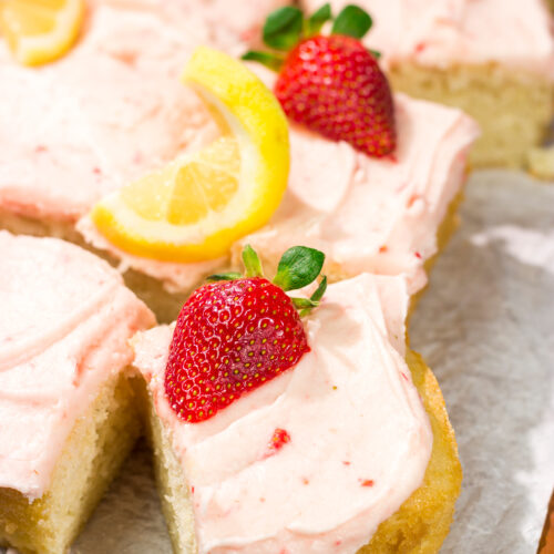 Celebrate warm weather season with this Lemon Strawberry Cake! This dessert features an eggless lemon cake topped with a luscious strawberry buttercream frosting.